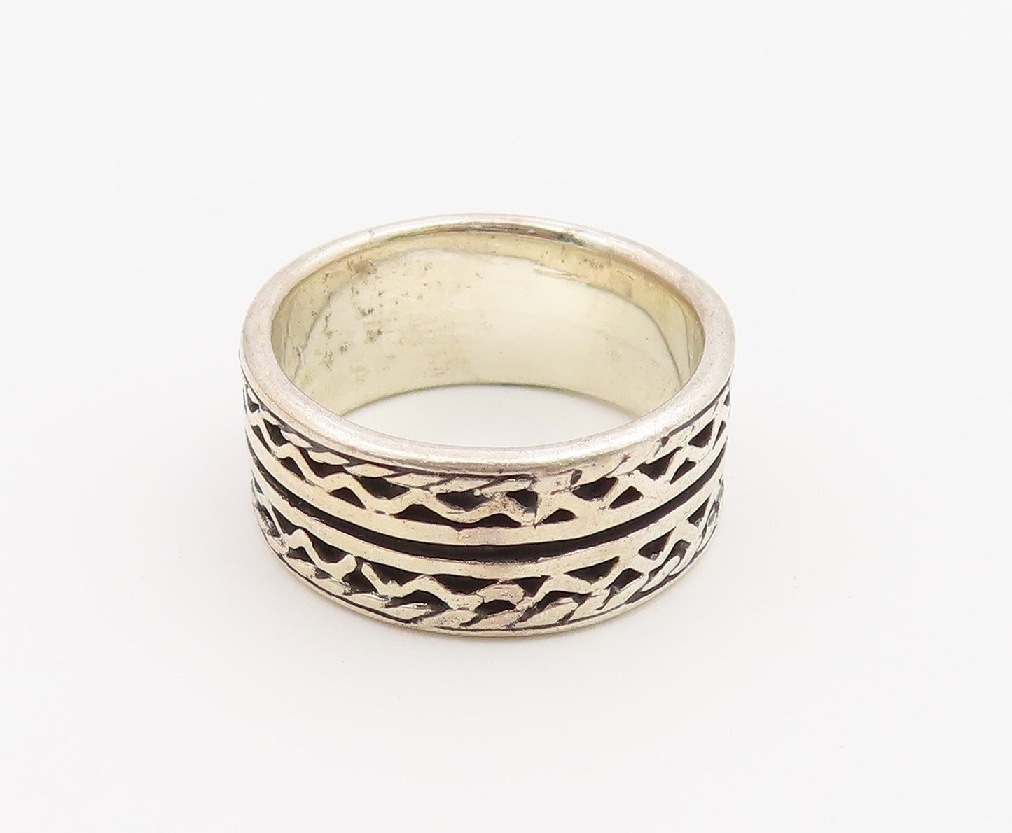 925 Sterling Silver Vintage Ring Classic Geometric Pattern Band  Sz 6  RG36895