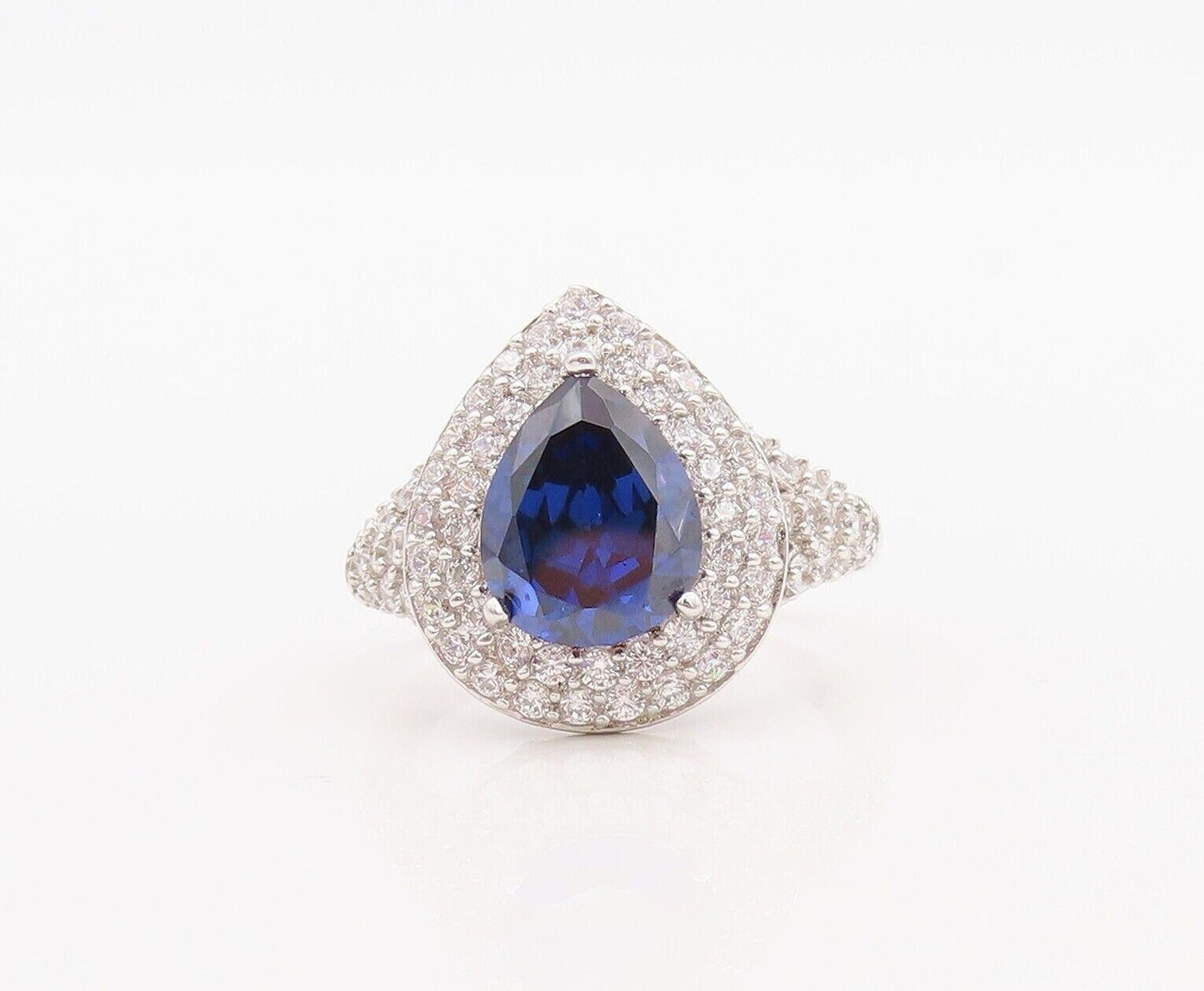 925 Sterling Silver Vintage Ring Drop Cut Sapphire Halo CZ Inlay Sz 7.5  RG30053