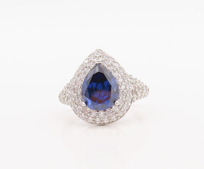 925 Sterling Silver Vintage Ring Drop Cut Sapphire Halo CZ Inlay Sz 7.5  RG30053