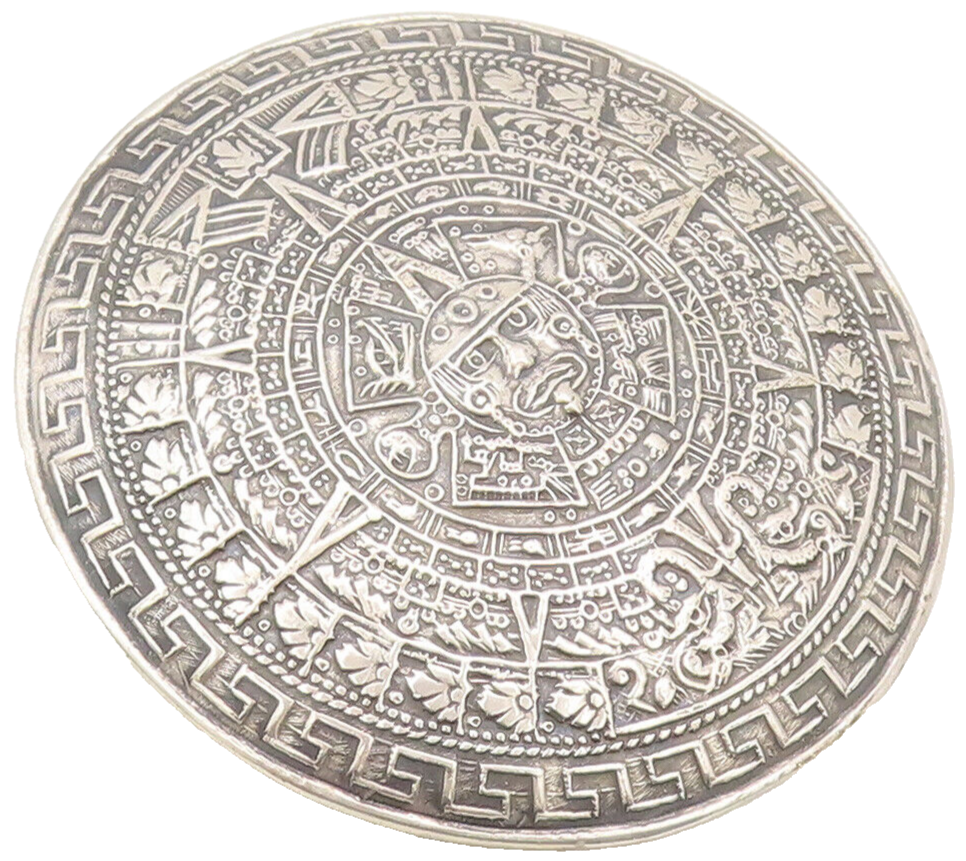 925 Sterling Silver Vintage Brooch Pin MAYAN AZTEC Etched Sun Calendar  BP10597