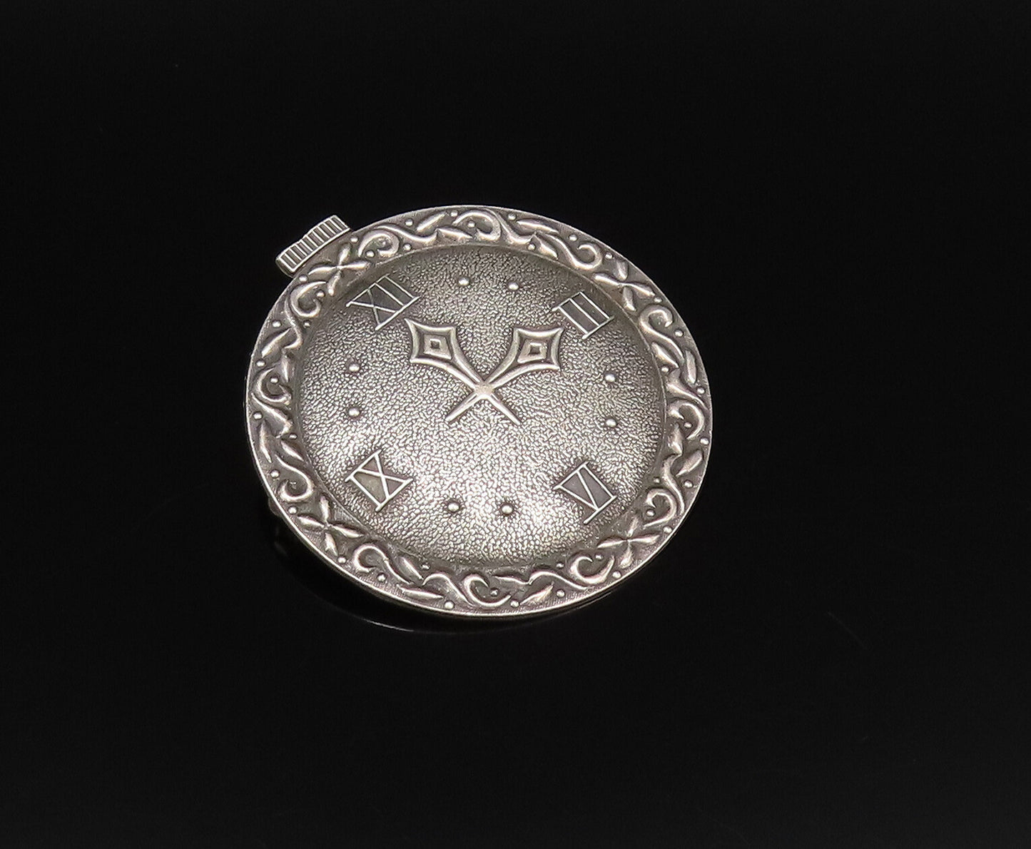 P&B 925 Silver  Vintage Antique Swirl Edge Wall Clock Brooch Pin  BP9977