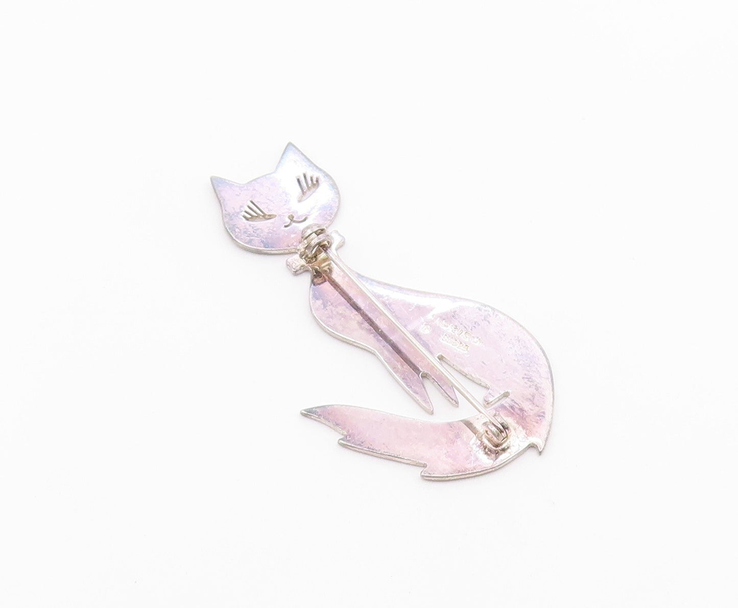 MEXICO 925 Sterling Silver  Vintage Shiny Sitting Cat Brooch Pin  BP5677