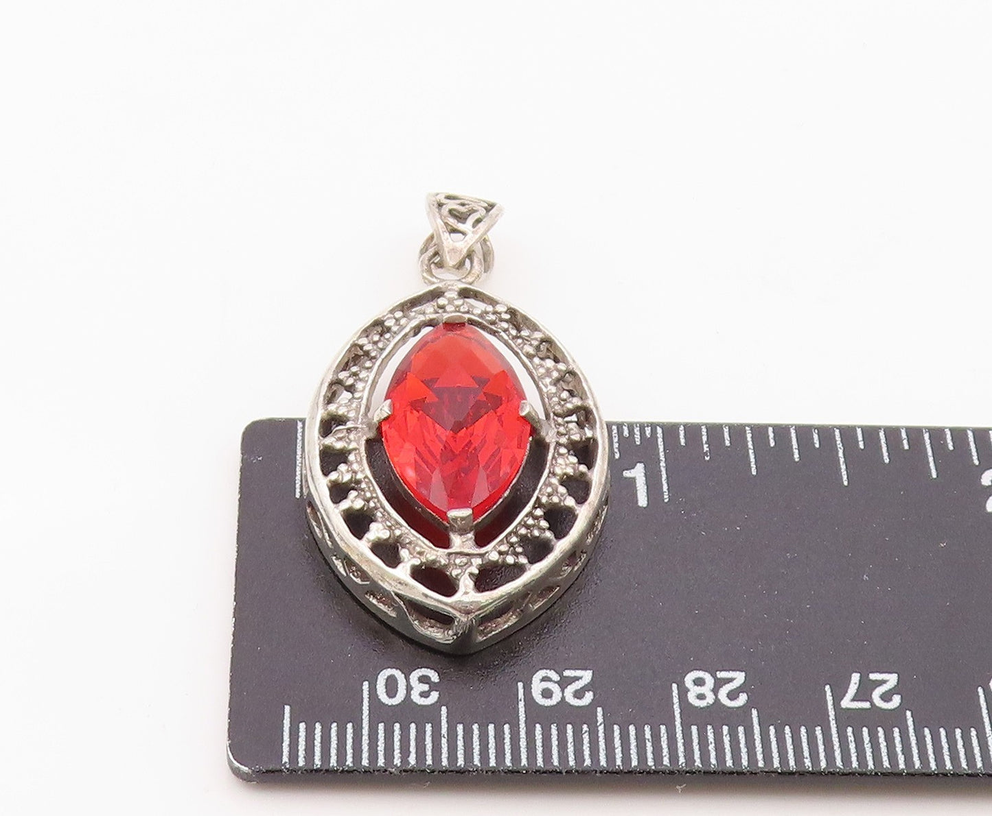 925 Sterling Silver Vintage Pendant Marquise Cut Ruby Openwork Charm  PT26347