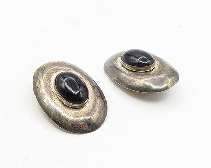925 Sterling Silver  Cabochon Cut Black Onyx Dark Tone Drop Earrings  EG5181