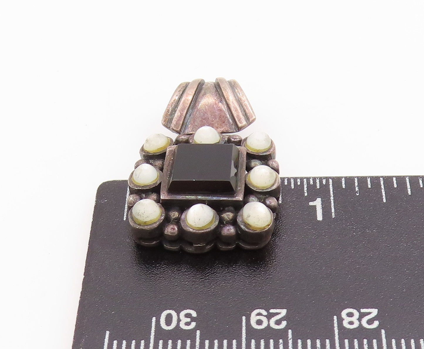 925 Sterling Silver Vintage Pendant Onyx Halo Beaded Cat's Eye  PT24443