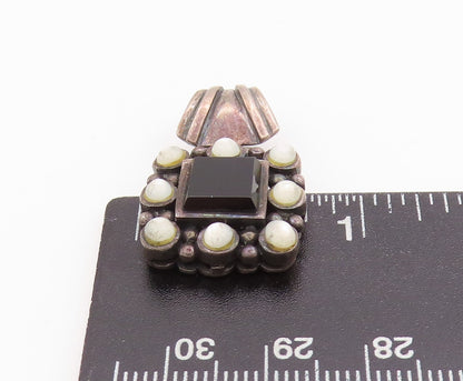 925 Sterling Silver Vintage Pendant Onyx Halo Beaded Cat's Eye  PT24443