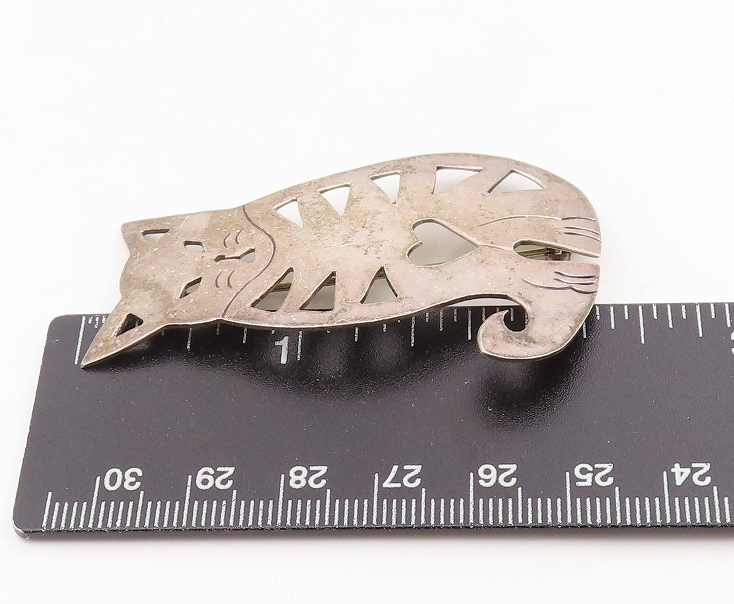 925 Sterling Silver Vintage Brooch MEXICO Love Heart Cutout Kitten Pin  BP12132