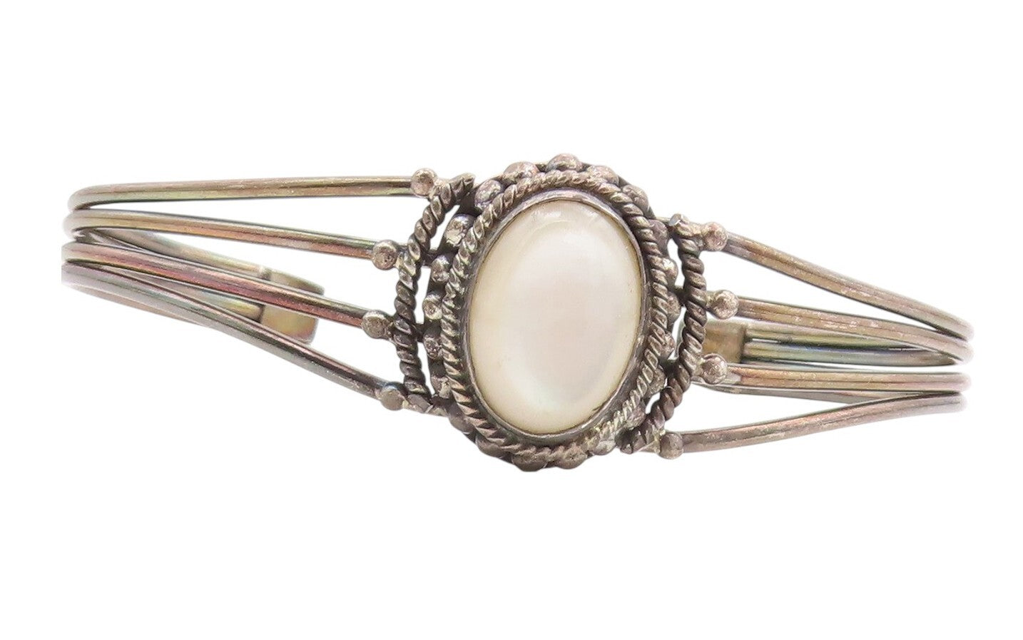 925 Sterling Silver Vintage Bracelet BALI Oval Mother Of Pearls Cuff  BT10998