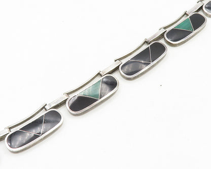 MEXICO 925 Sterling Silver Vintage Inlaid Gemstone Heavy Chain Necklace  NE3178