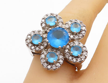 925 Sterling Silver Blue & White Topaz Floral Cocktail Ring Sz 8 RG4113