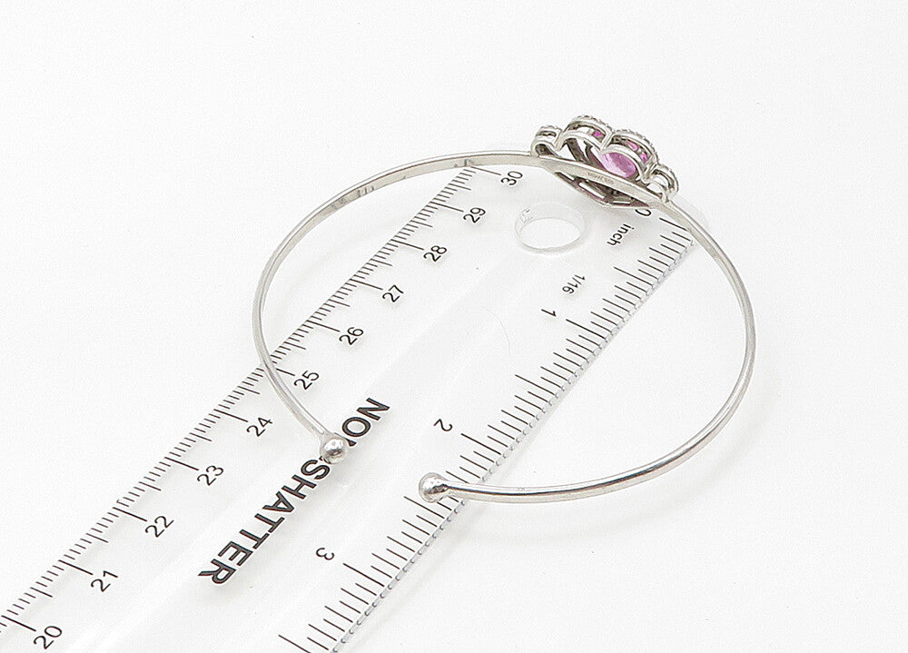 925 Silver  Vintage Genuine Diamonds & Pink Topaz Heart Cuff Bracelet  BT8541