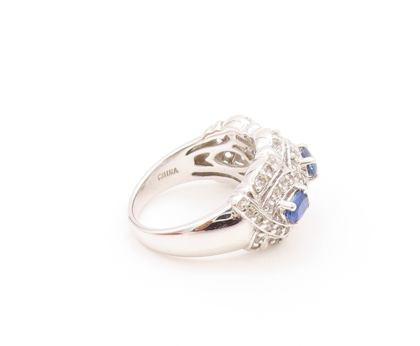 925 Sterling Silver Vintage Ring Oval Sapphire Halo Topaz Bands  Sz 6  RG32902