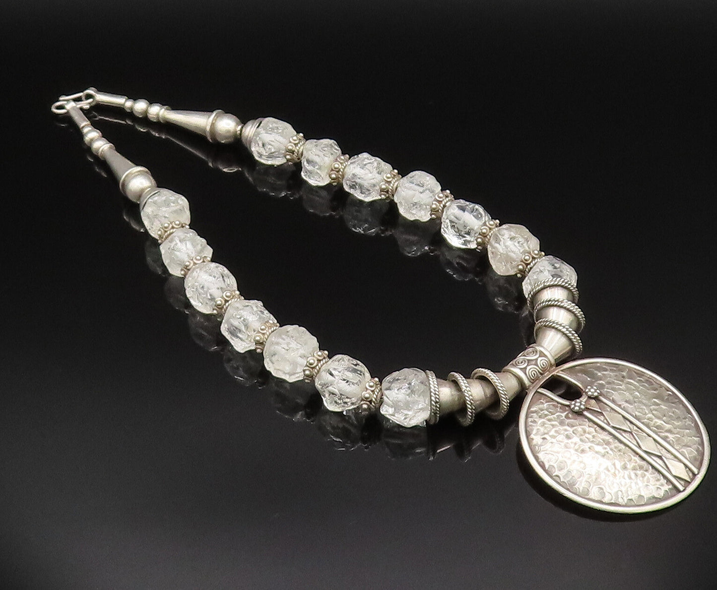 Solid Silver Vintage Heavy Hammered Circle Beaded Clear Stone Necklace  NE3916