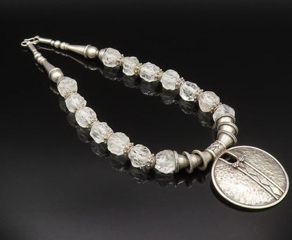 Solid Silver Vintage Heavy Hammered Circle Beaded Clear Stone Necklace  NE3916