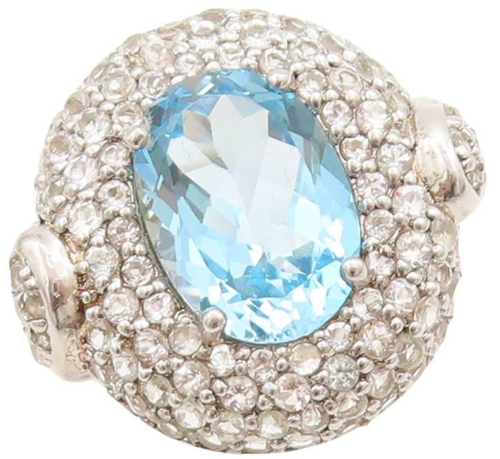 925 Sterling Silver Vintage Ring Oval Cut Blue Topaz Halo CZ  Sz 7  RG29355