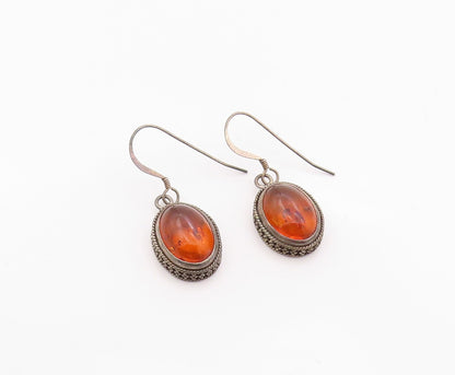 925 Sterling Silver Vintage Earrings Oval Cabochon Honey Amber Dangle  EG14377