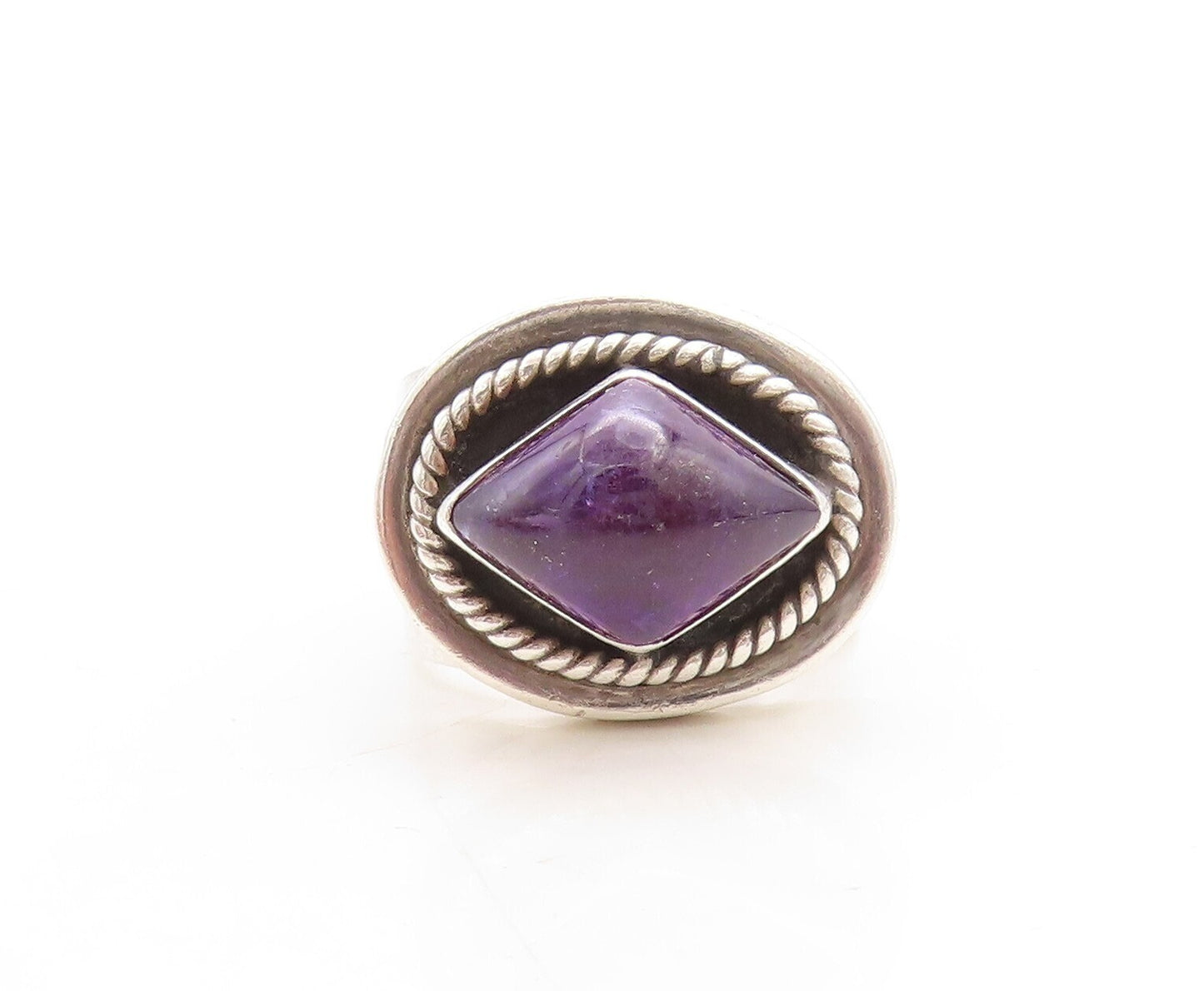 925 Sterling Silver Vintage Ring Twisted Rope Carved Amethyst  Sz 7  RG31380