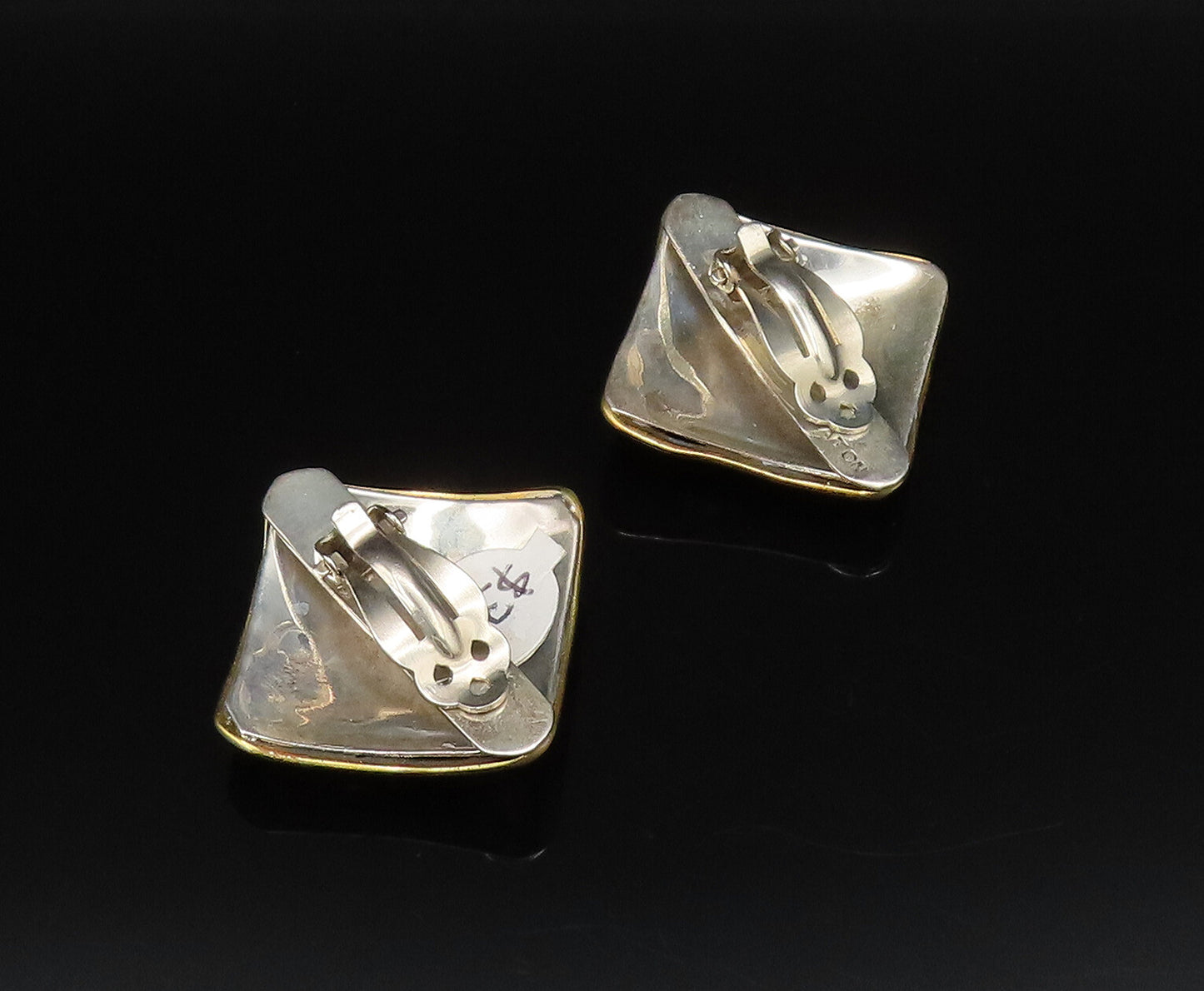 925 Silver  Vintage Two Tone Carved Shapes Clip Back Dome Earrings  EG12208