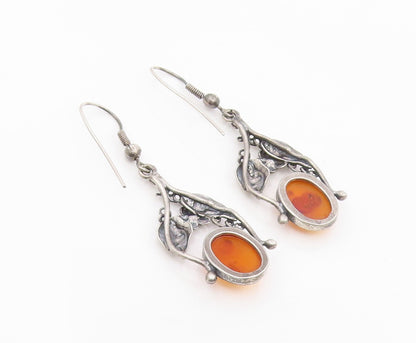 925 Sterling Silver Vintage Earrings POLAND Amber Floral Motif Dangles  EG14171