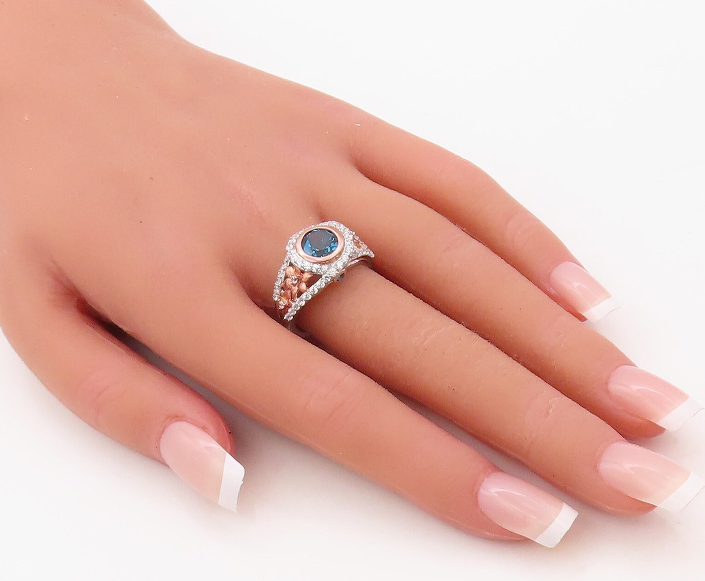 925 Sterling Silver Vintage Ring Floral Carved Sapphire & CZ Inlay Sz 7  RG30841