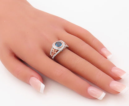 925 Sterling Silver Vintage Ring Floral Carved Sapphire & CZ Inlay Sz 7  RG30841