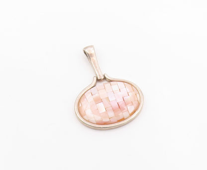 925 Sterling Silver  Vintage Mother Of Pearl Two Sided Oval Pendant  PT15687