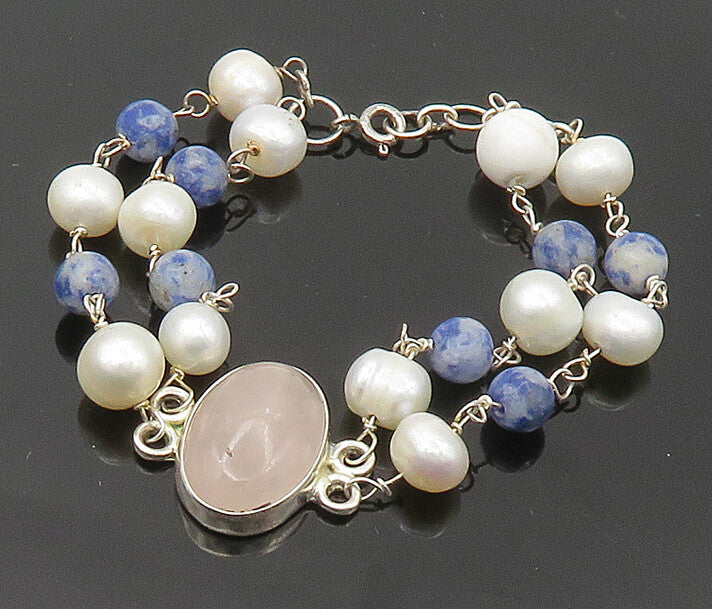 925 Sterling Silver  Rose Quartz & Freshwater Pearls Chain Bracelet  BT1165
