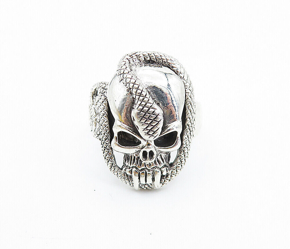 925 Sterling Silver  Vintage Snake & Skull Head Shiny Band Ring Sz 10.5 RG7446