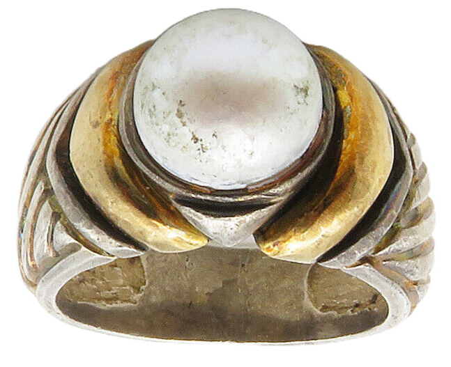 DESIGNER 925 Silver & 18K GOLD  Vintage Pearl 2 Tone Band Ring Sz 5.5  RG16424