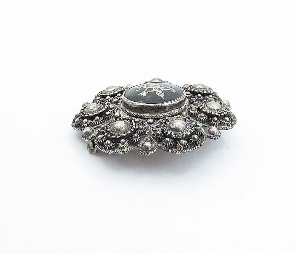 SIAM 925 Sterling Silver  Vintage Antique Niello Dancer Brooch Pin  BP1183