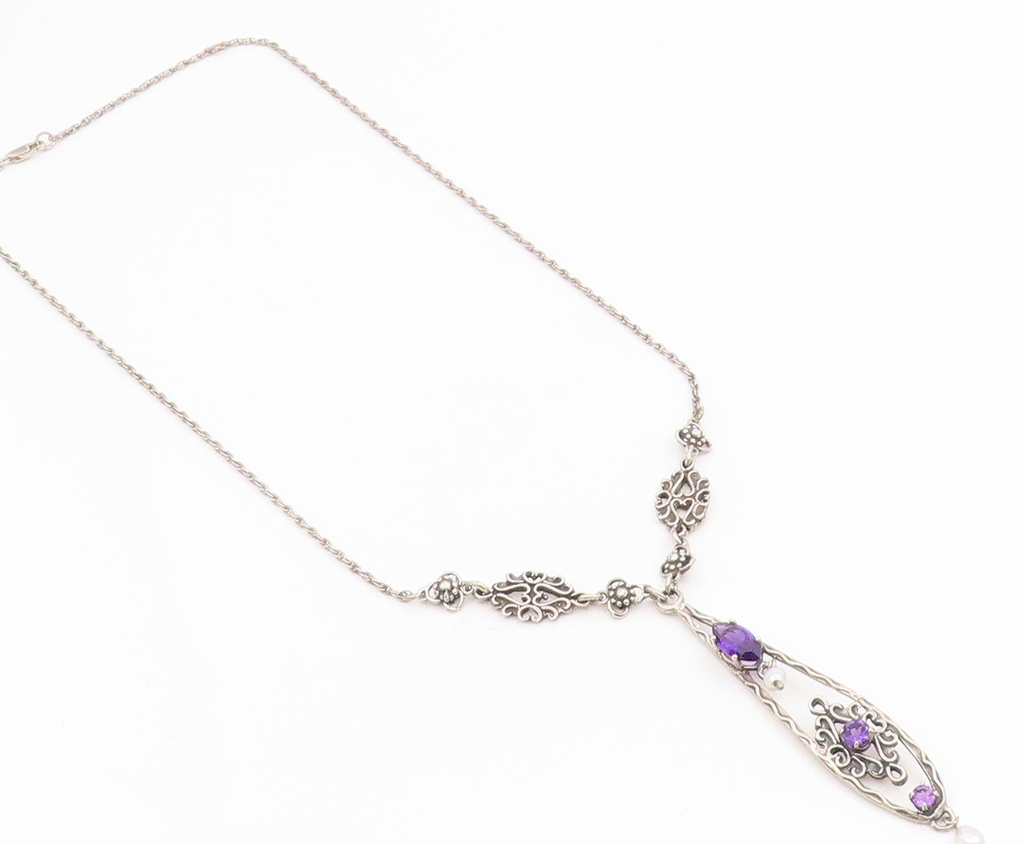 925 Sterling Silver Vintage Necklace Purple Amethyst & Pearl Floral Drop  NE4756
