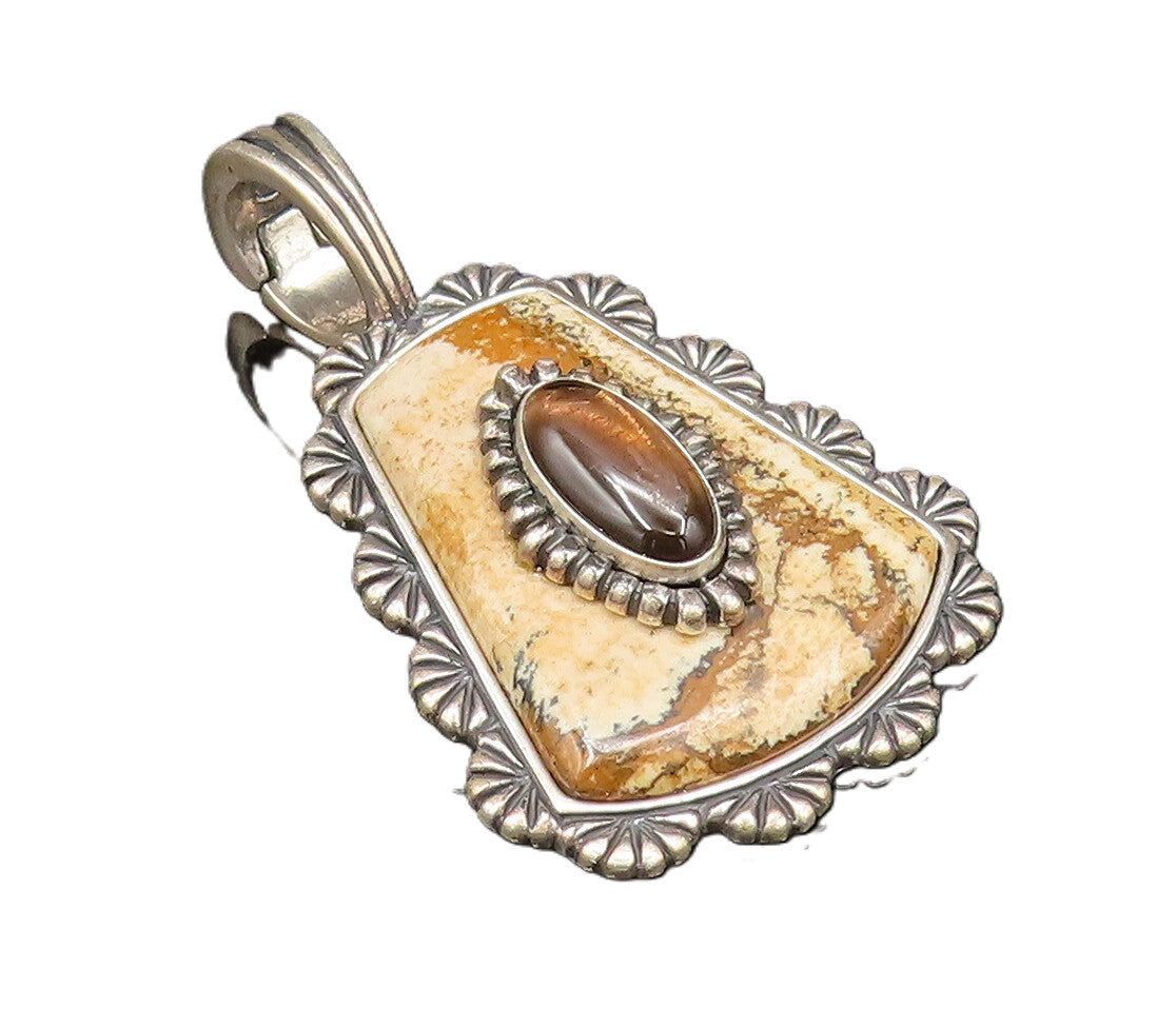 CAROLYN POLLACK 925 Silver  Vintage Tiger's Eye & Jasper Drop Pendant  PT21674