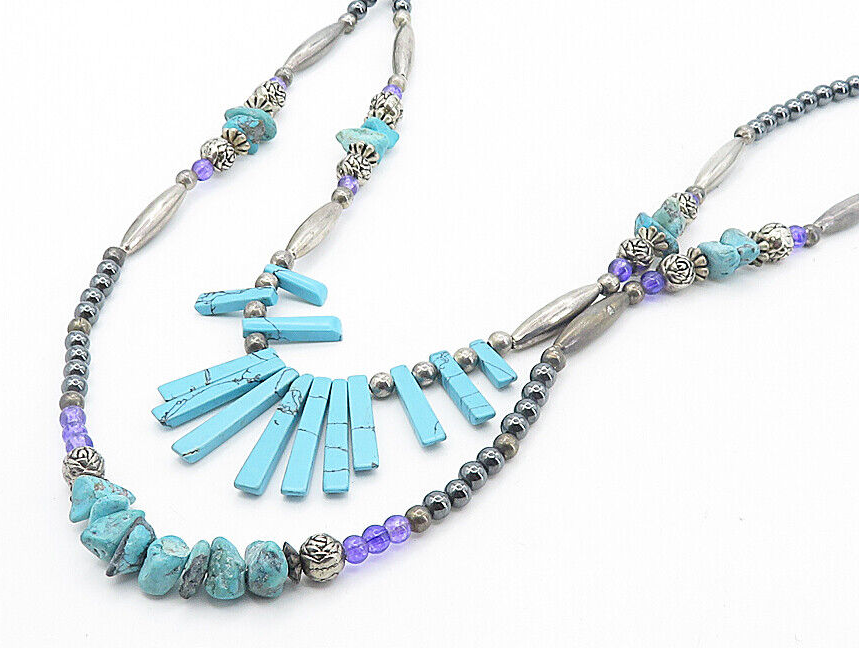 SOUTHWESTERN 925 Silver Vintage Turquoise & Hematite Chain Necklace NE1418