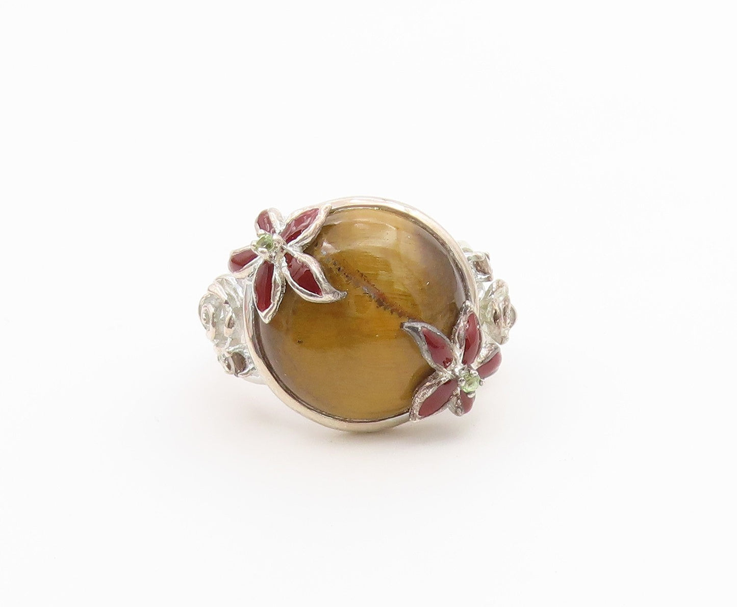 925 Sterling Silver Vintage Ring Tiger's Eye Enamel Floral Band  Sz 6  RG36723
