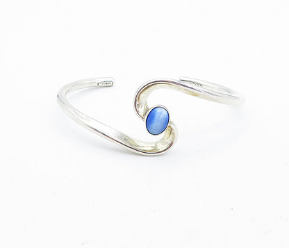 MEXICO 925 Sterling Silver  Vintage Blue Cat's Eye Topaz Cuff Bracelet  BT2751