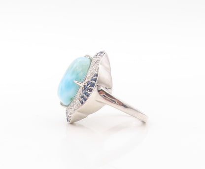 925 Sterling Silver Vintage Ring Larimar Halo Sapphire & Topaz  Sz 7 RG30844