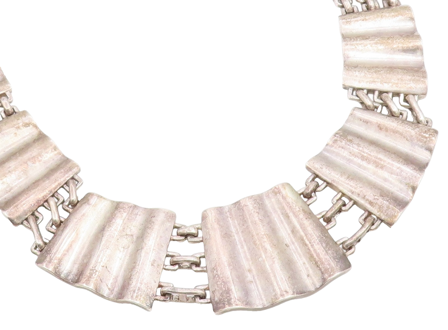 925 Sterling Silver Vintage Necklace Modernist Textured Wave Panel Choker NE4887