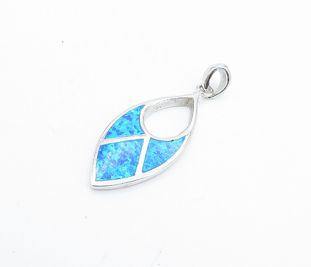 925 Sterling Silver  Shiny Inlaid Blue Fire Opal Pattern Drop Pendant  PT5590