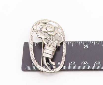 925 Sterling Silver  Vintage Shiny Flowers Etched Border Brooch Pin  BP9021
