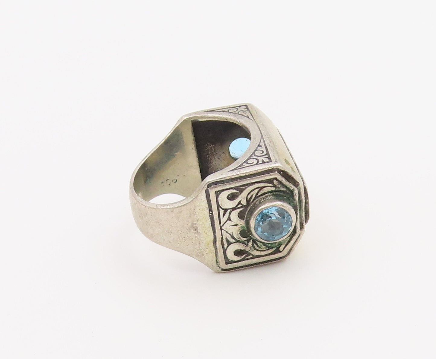 925 Sterling Silver Vintage Ring Blue Topaz Engraved Floral Band Sz 6.5  RG36504