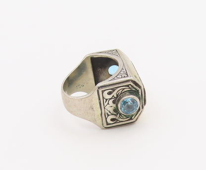 925 Sterling Silver Vintage Ring Blue Topaz Engraved Floral Band Sz 6.5  RG36504