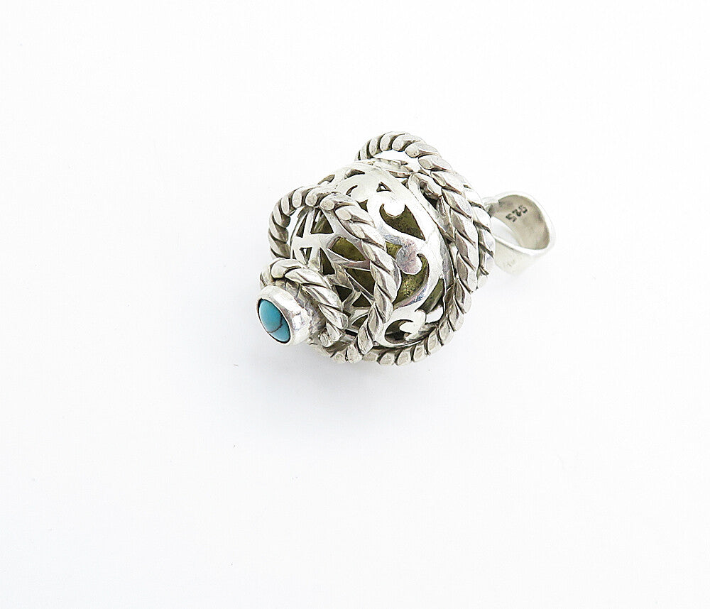925 Sterling Silver  Turquoise Rope Twist Wrapped Caged Sphere Pendant  PT6029