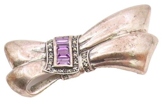 925 Sterling Silver  Vintage Amethyst & Marcasite Ribbon Brooch Pin  BP9109