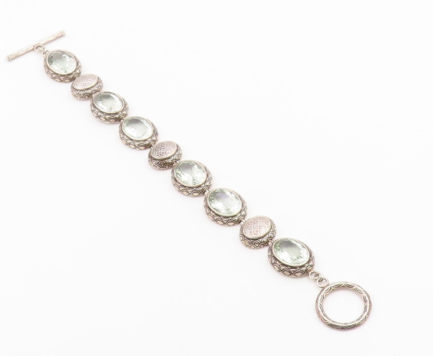 925 Sterling Silver Vintage Bracelet Green Amethyst Etched Oval Link  BT12188