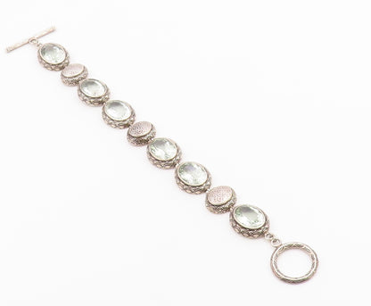 925 Sterling Silver Vintage Bracelet Green Amethyst Etched Oval Link  BT12188