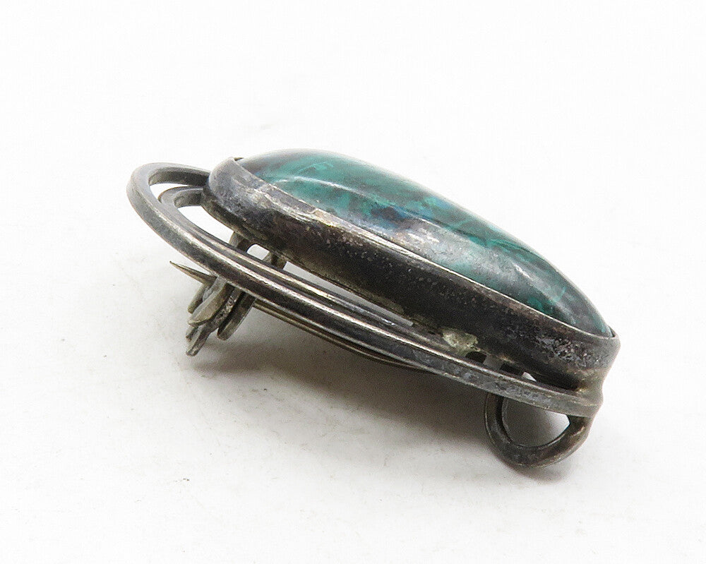 ISRAEL 925 Silver  Vintage Chrysocolla Modernist Oxidized Brooch Pin  BP4544