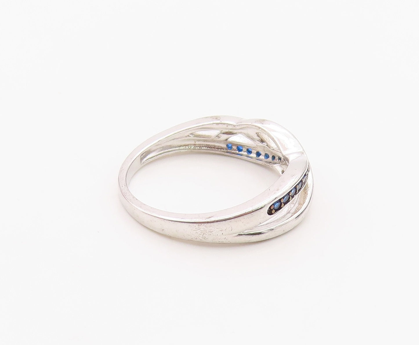 925 Sterling Silver Vintage Ring Elegant Blue CZ Crossover Band  Sz 6  RG36338