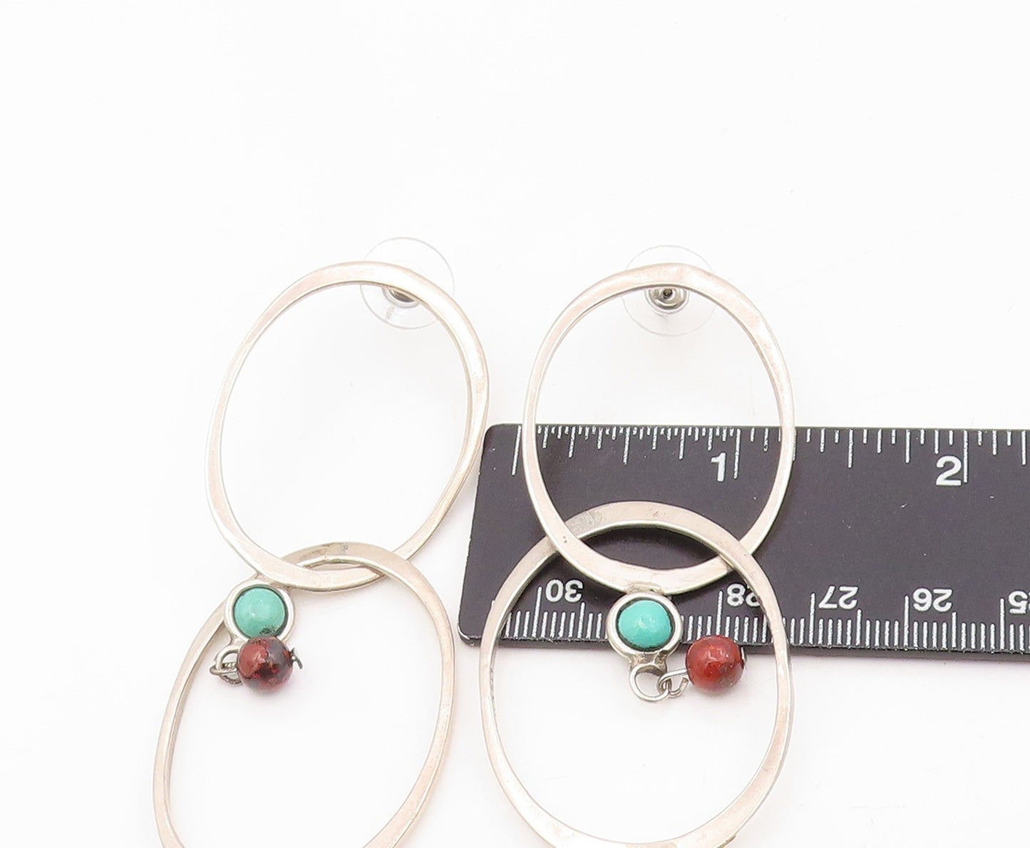 925 Sterling Silver Vintage Earrings Turquoise & Red Bead Abstract Hoop  EG13879