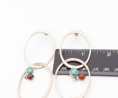 925 Sterling Silver Vintage Earrings Turquoise & Red Bead Abstract Hoop  EG13879