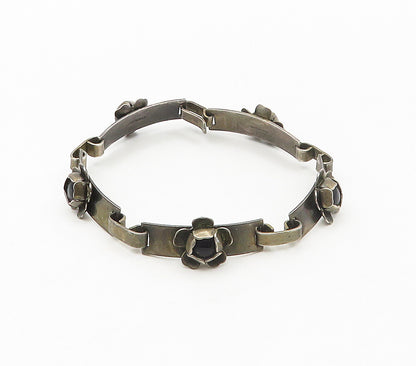925 Sterling Silver  Vintage Antique Black Onyx Floral Chain Bracelet  BT6605